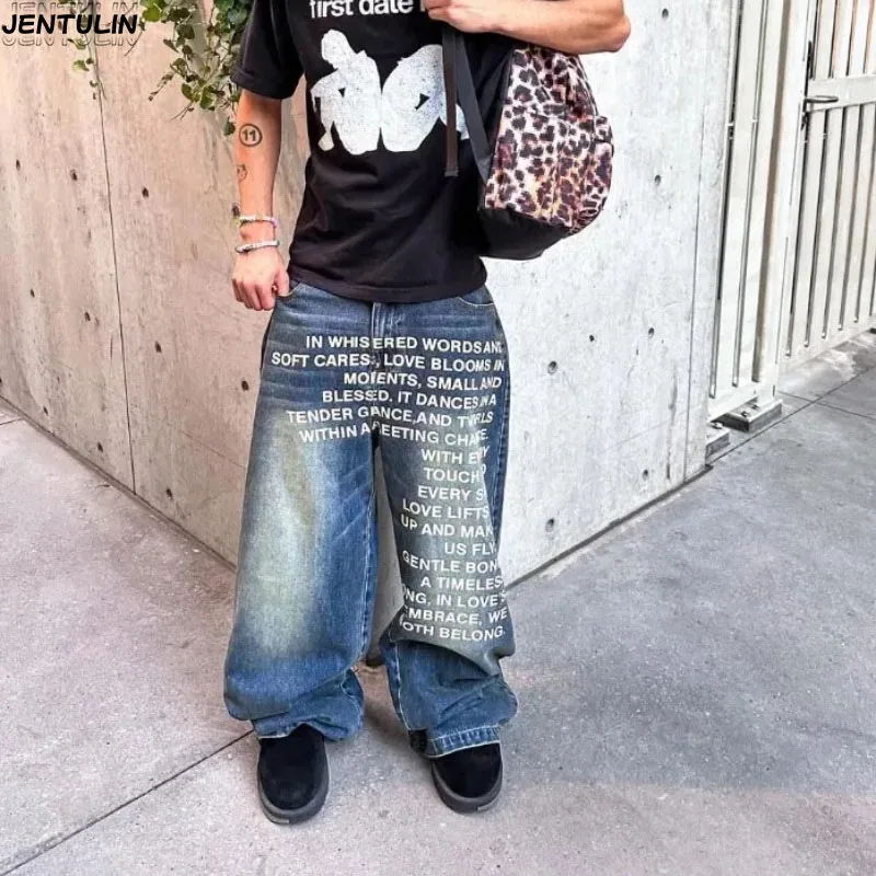 الأمريكية الرجعية منقوشة الأبجدية الرجال الجينز شخصية الشارع الملابس Y2K القوطي ملابس للرجال النساء بانت سراويل تقليدية الموضة #4