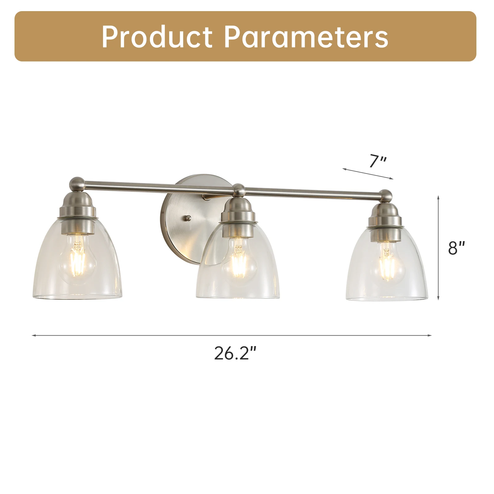 Luz moderna de vaidade de banheiro de níquel escovado com 3 luzes com sombra de vidro transparente, arandelas de parede E26 sobre espelho para sala de estar e quarto