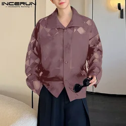 INCERUN Men Shirt Printing Mesh Transparent Lapel Long Sleeve Loose Men Clothing Streetwear 2024 Pockets Fashion Casual Shirts