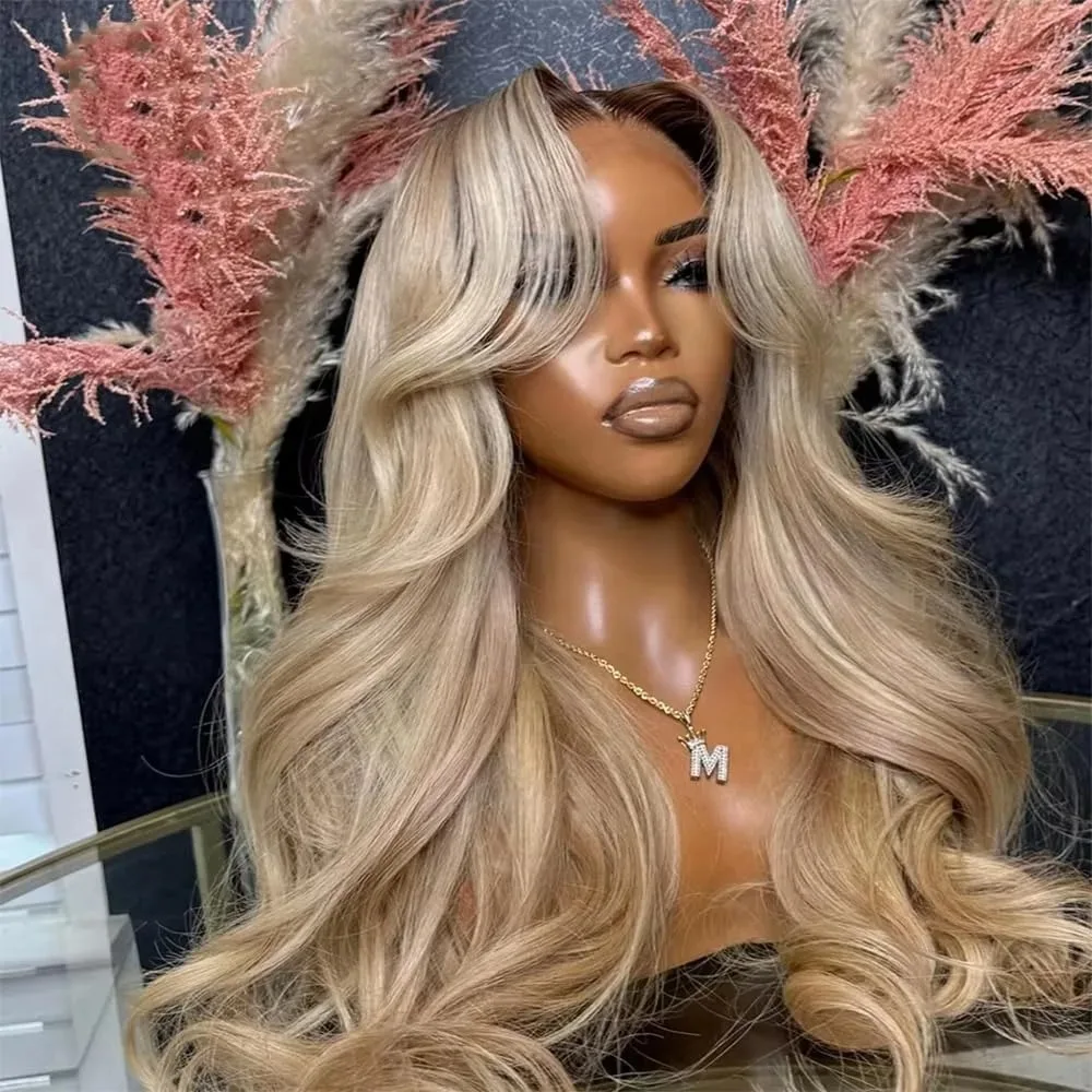 

Ash Blonde Ombre Color Wigs For Women To Party 13X4 HD Transparent Lace Frontal Wig Short Bob Body Wave Wig Pre Plucked