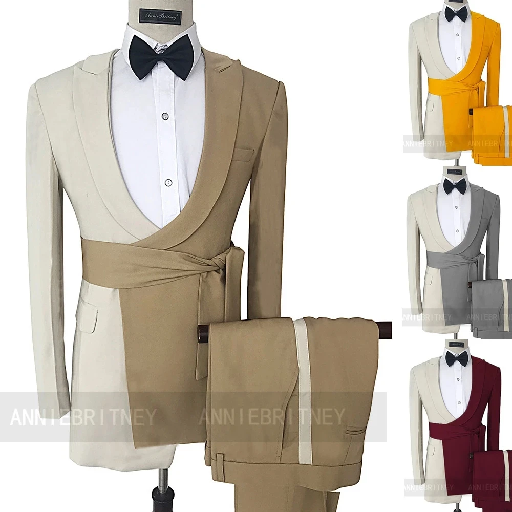 Formal Beige Camel Patchwork Belt Men Suit 2 Pieces Blazer Tailored Jacket Wedding Men Suits For Men Elegant Groom Tuxedo Pants