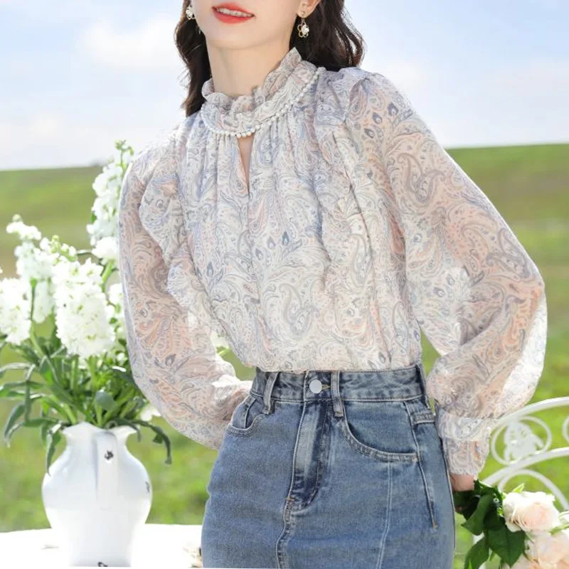 2023 New Spring and Summer Fashion Commuter Floral Standing Neck Studded Bead Hollow Out Style Simple Long Sleeve Loose Shirt