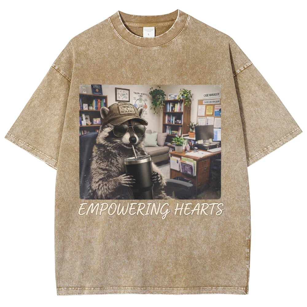 Unisex Empowering Hearts Raccoon Graphic T Shirt Vintage Washed Funny Office Animal Print Crew Neck Casual Loose Short Sleeve Te