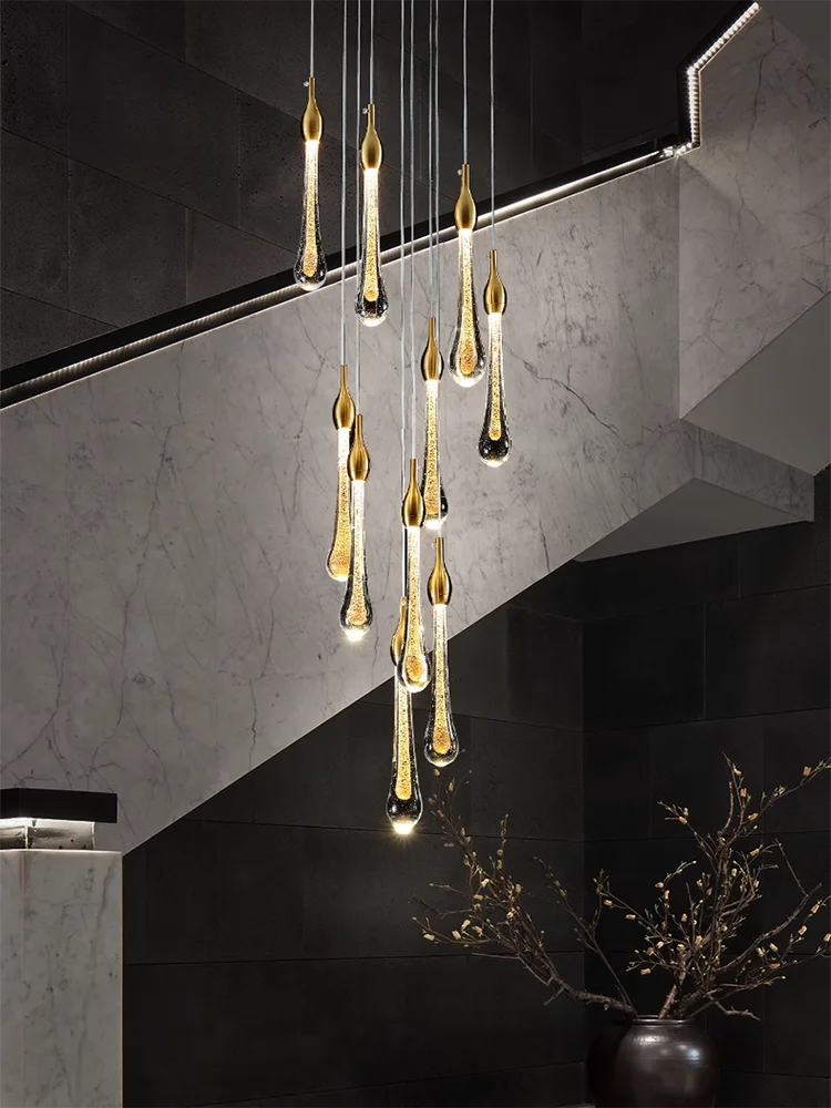 

Modern Water Drop Chandeliers Gilding Glass LED Luxury Staircase Pendant Lights Simple Villa Bedroom Bedsid Bar Decorative Light