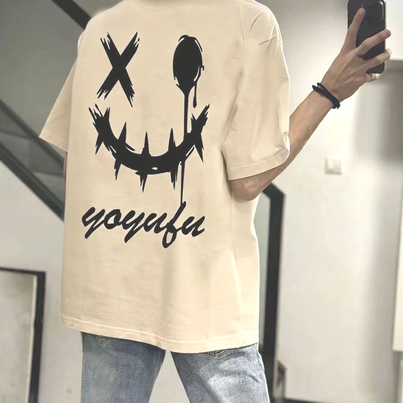 

2025 American High-quality High-street Personalized Devil Smiley Face Printed T-shirt Trend Large-size Men's Women's T-shirts