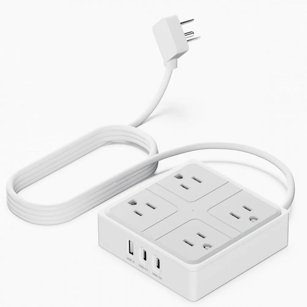 7 In 1 1250W US Power Strip 1.2M Extension Cord Socket Extender with 4AC Outlets 2USB-C 1USB-A