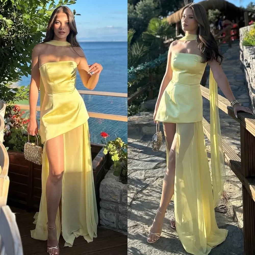 Customized Elegant Yellow Satin Evening Dress High Quality Strapless Ribbon Prom Dress Zipper Back Bespoke Occasion Gowns