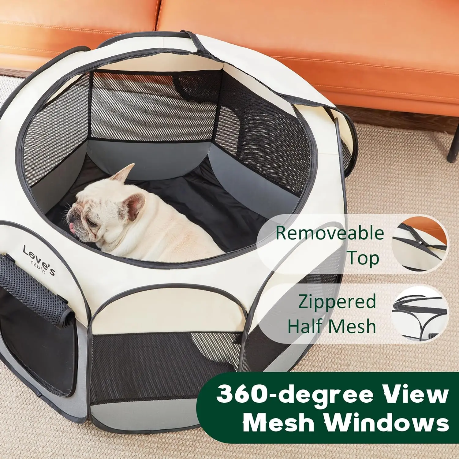 Portable Playpen for Dog and Cat, Foldable Pop Up Dog Kennel Playpen with Carring Case, Removable Zipper Top, Grey