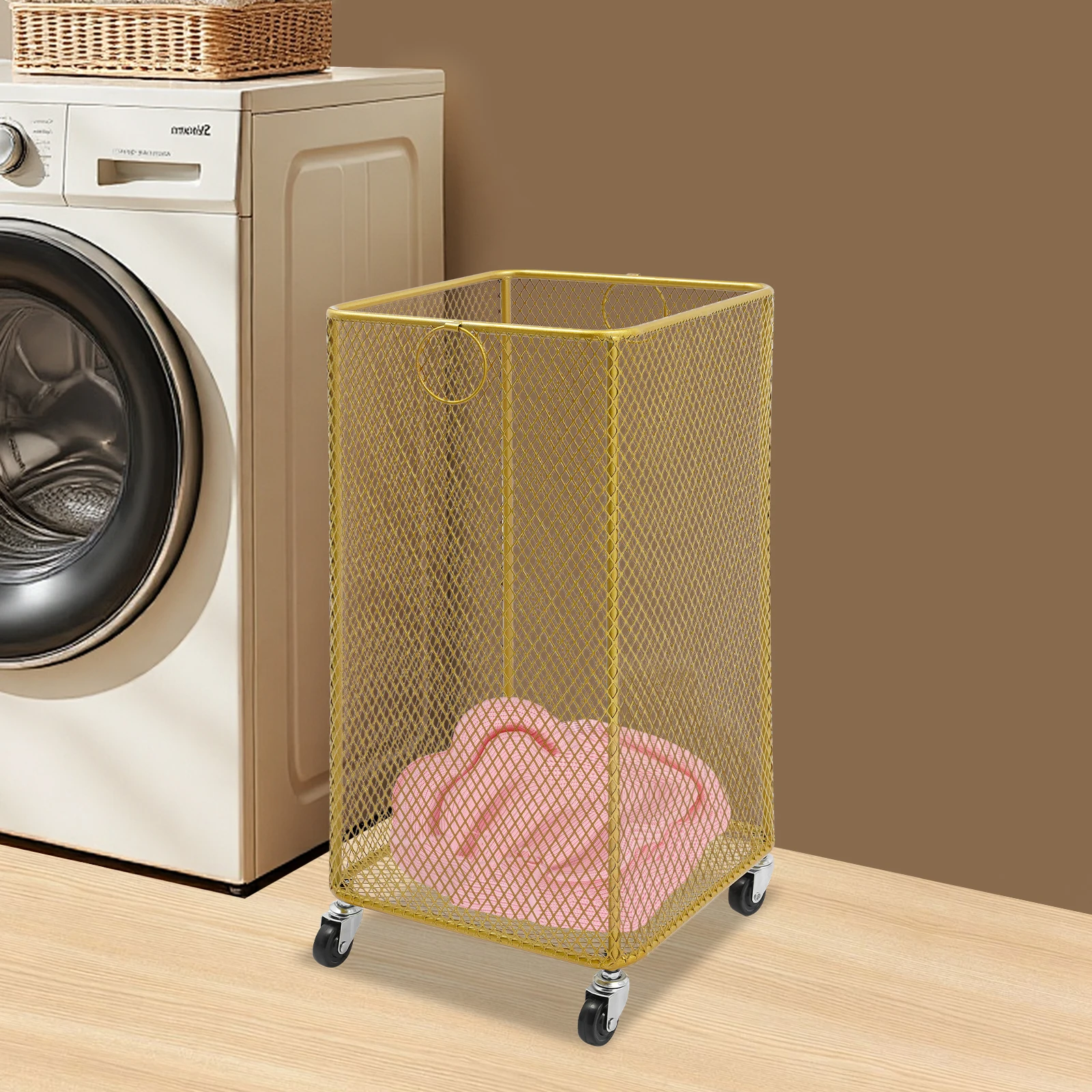 سلة غسيل شبكية معدنية مربعة بعجلات، عربة سلة غسيل متينة للملابس، منظم تخزين للمنزل