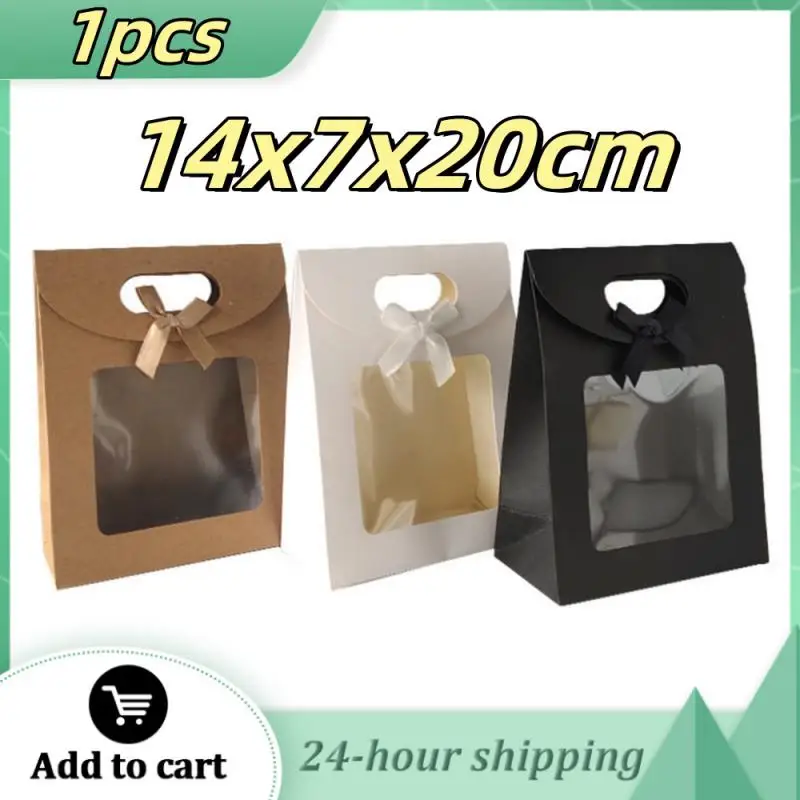 Kraft Paper Gift Bags 14x7x20cm Transparent Clear Window Bag With Handle Candy Biscuits Cake Packing Box Gift Bag Christmas