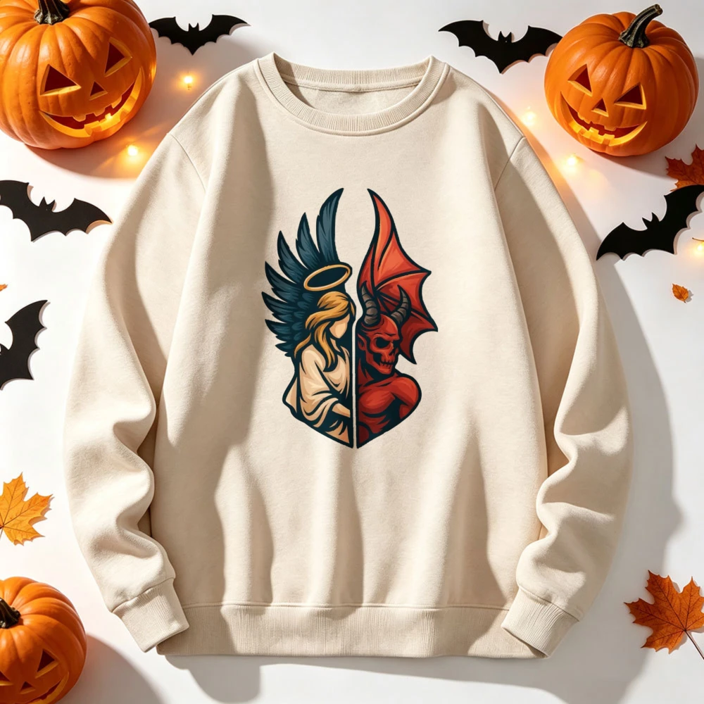 Angel and Devil Half Face Split Graphic Print Pullover Long Sleeve Casual Tops Gothic Good Evil Streetwear Loose Fit Sweatshirts
