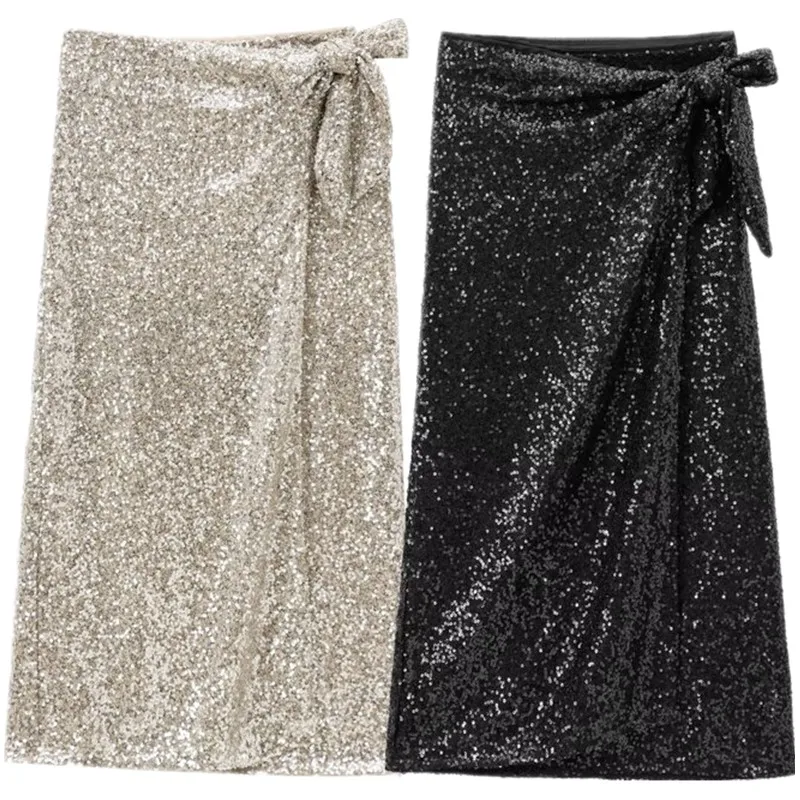 Women's Mid-Length Sequin Wrap Skirt Autumn 2024 Faion Design Versatile Mid-Waist f-Body Midi Skirt for Ladies