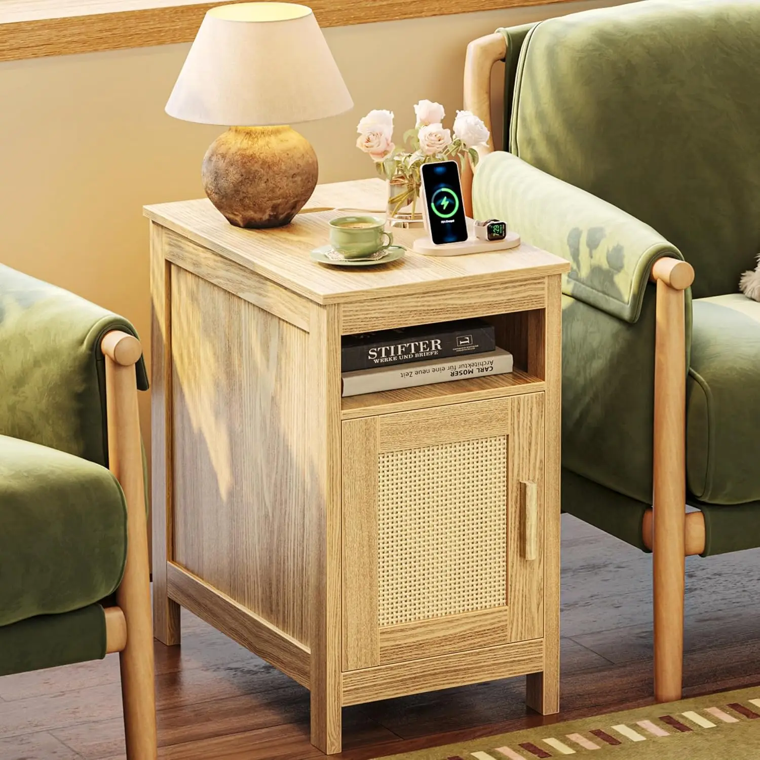Narrow Night Stand, End Table with Charging Station, USB-C Port, Rattan Side Table with Cabinet and Open Shelf, Synthetic Rat