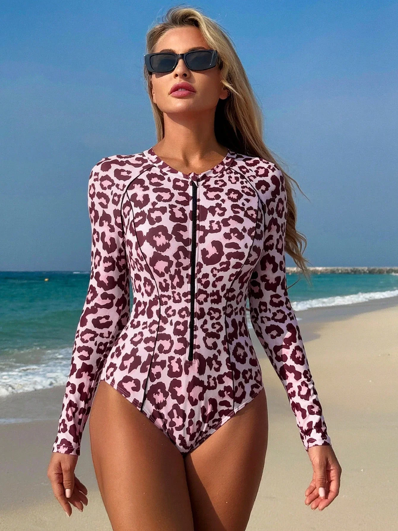 

Цельный купальник с длинными рукавами и леопардовым принтом для женщин, спортивная пляжная накидка
