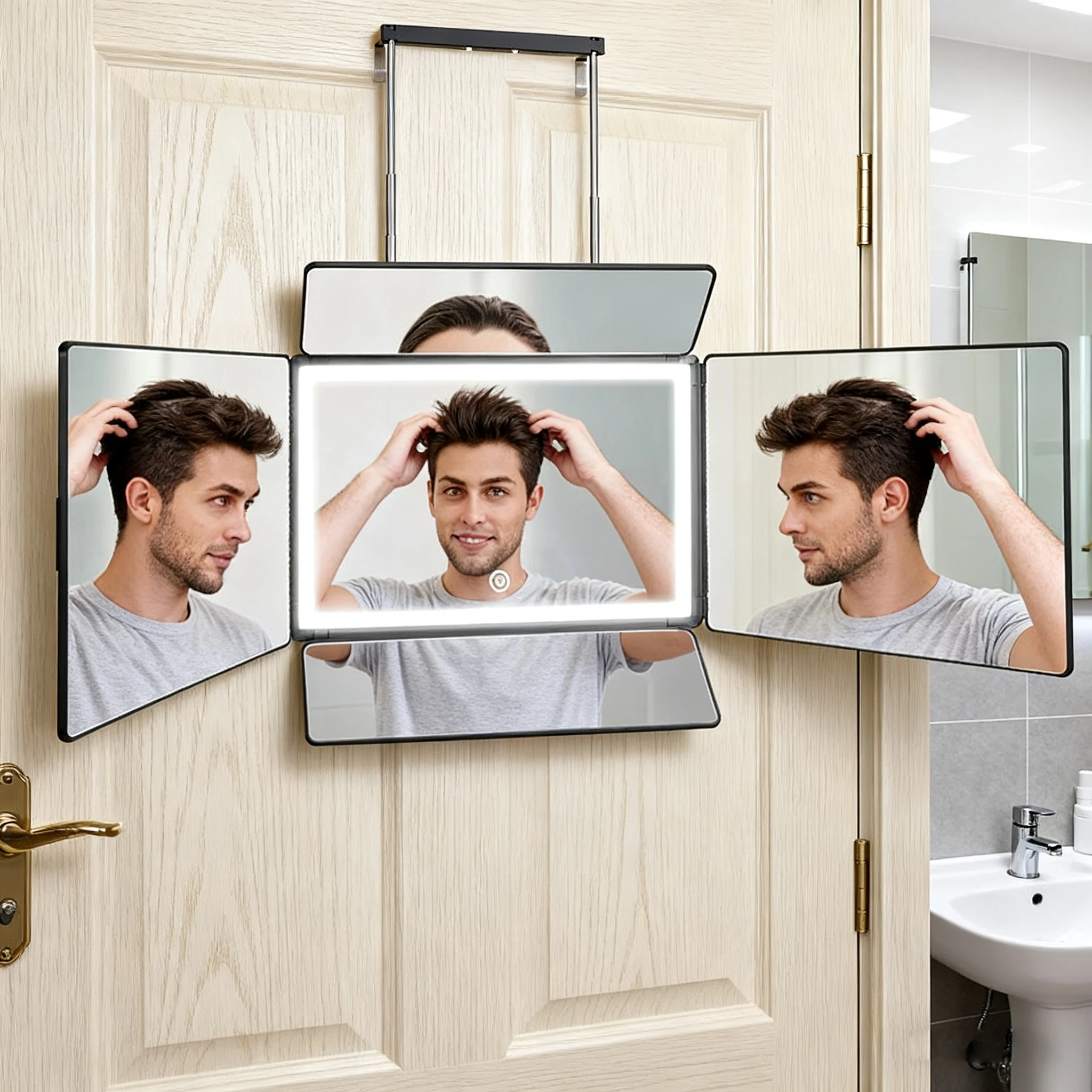 กระจก 5 ด้าน, กระจกสำหรับช่างทำผมมืออาชีพ - 5 ด้าน 360 องศา °   มุมมอง, ป้องกันฝ้า HD, ไฟ LED, ปรับความสูงได้อย่างยืดหยุ่น