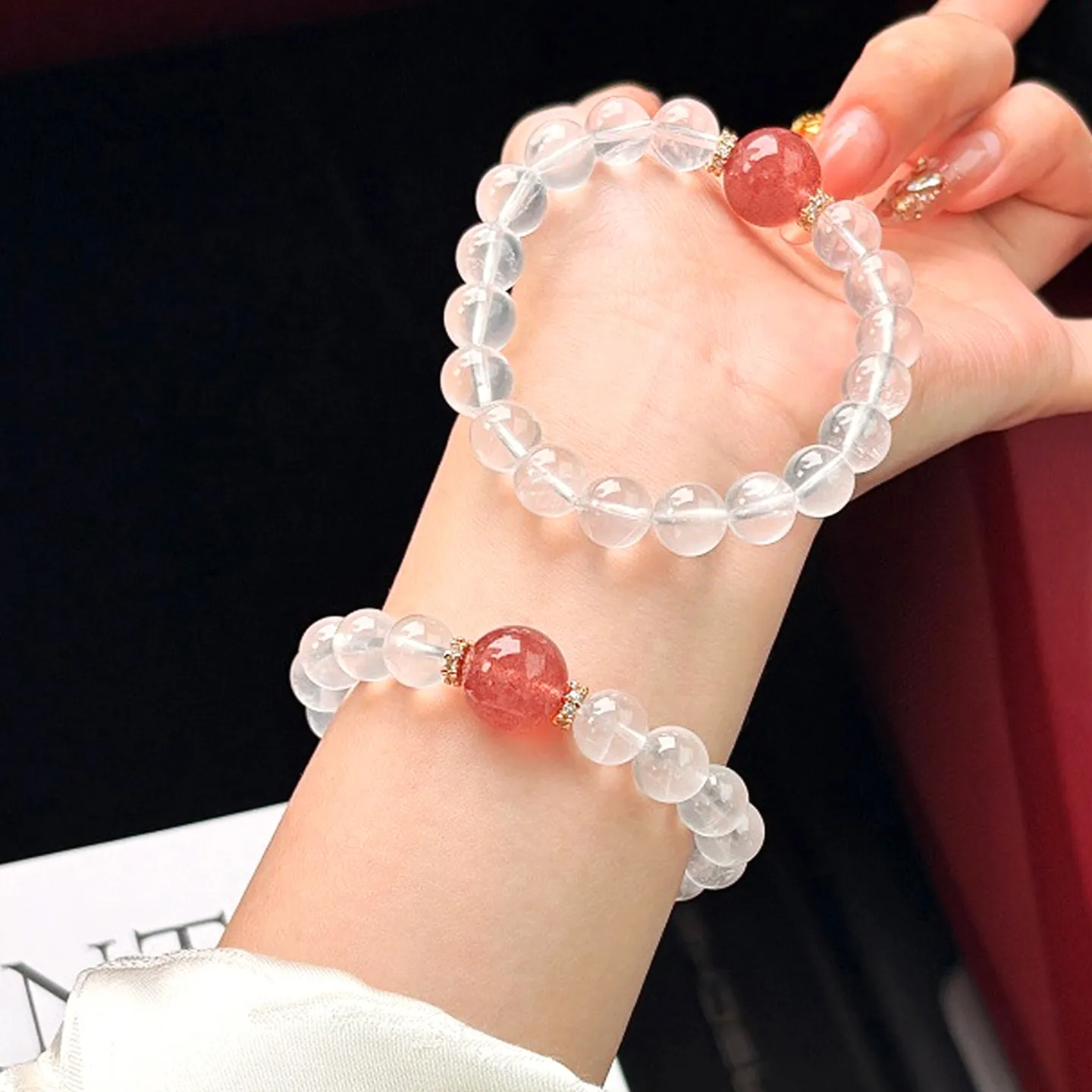 

2026 New Natural White Phantom & Strawberry Crystal Bracelet: Women's Luck & Peach Blossom Gift