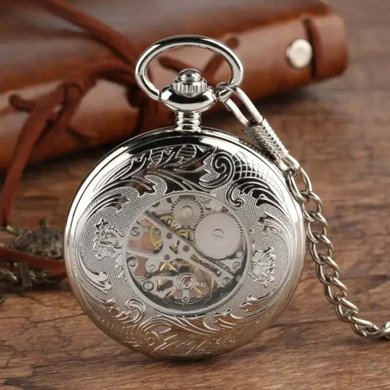 Vintage Hand Winding Mechanical Pocket Watch for Men Women Pendant Chain Half Hunter Roman Numerals Display Skeleton Clock