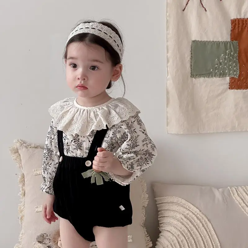 

2024 Children Girl Two Piece Set Spring Autumn Baby Girls Lace Sweet Printing Top Kids Suspender Shorts Fashion Casual New Sets