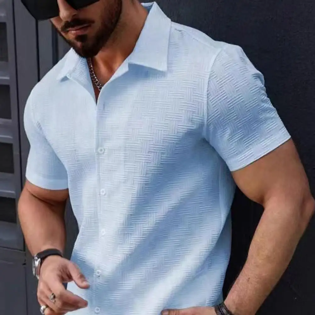 Men Two-piece Suit Solid Color Men Suit Set Men's Short Sleeve Shirt Drawstring Shorts Set with Pockets Beach Outfit for Summer