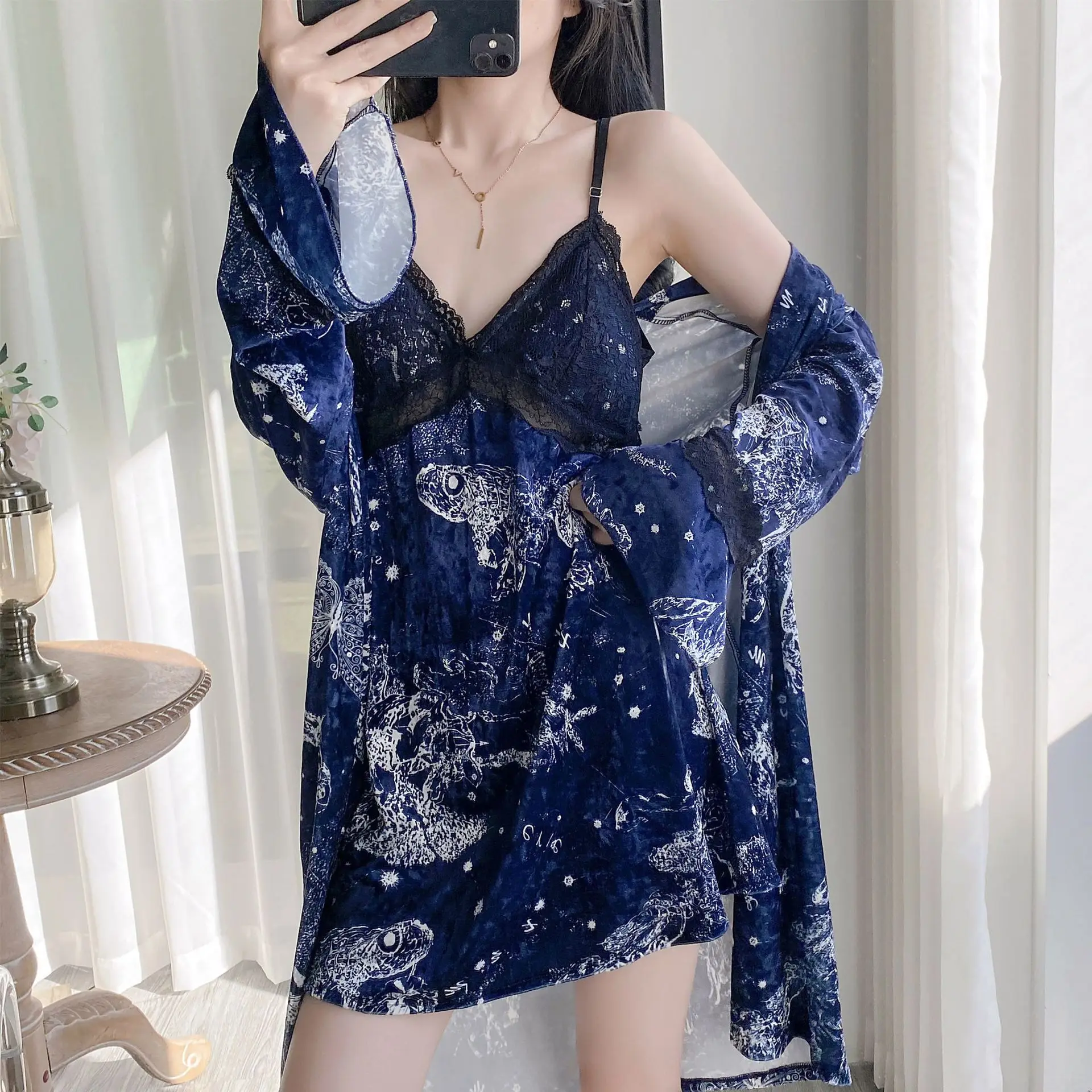 Print Gold Velvet Women Homewear Kimono Bathrobe Gown Lace Trim 2PCS Robe Set Loose Casual Lounge Wear Velour Sleepwear