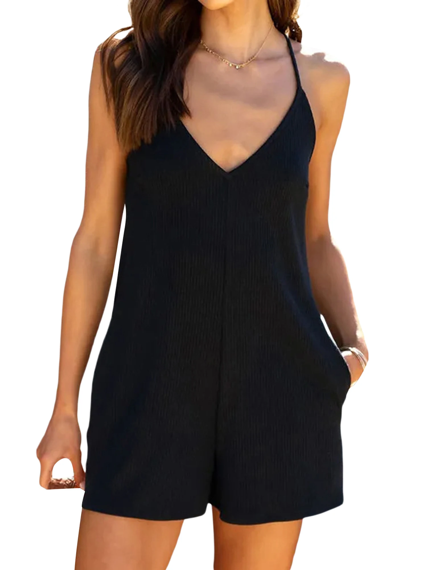 Women s Sleeveless V Neck Romper with Adjustable Straps and Side Pockets - Stylish Summer Casual Jumpsuit