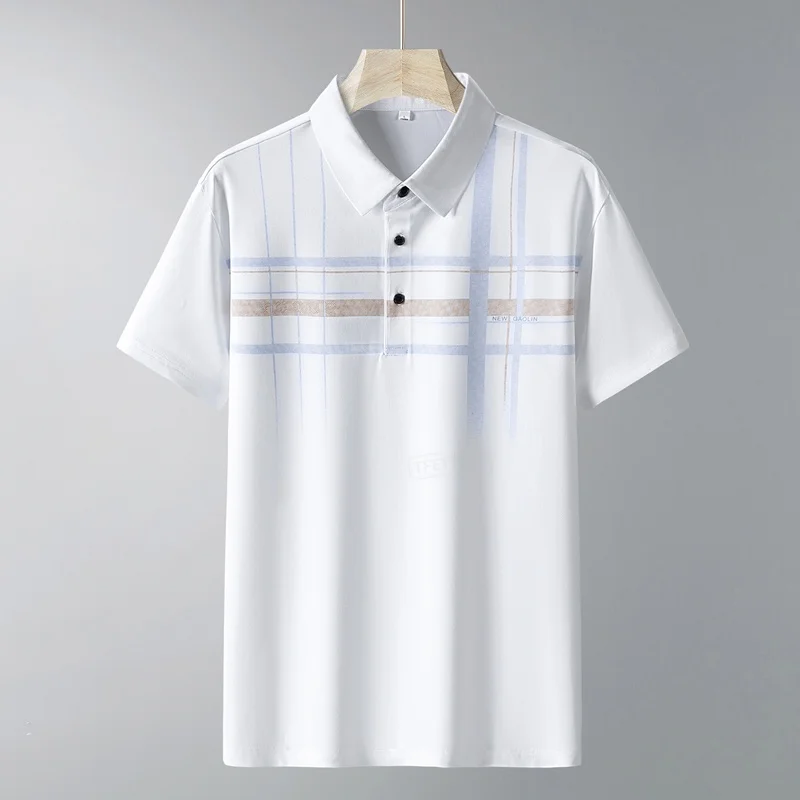 2026 Summer Elegant Polo Shirt Men Solid Plaid Stripe Thin Breathable Ice Silk Formal Meeting Lapel Casual Elderly Male Tops