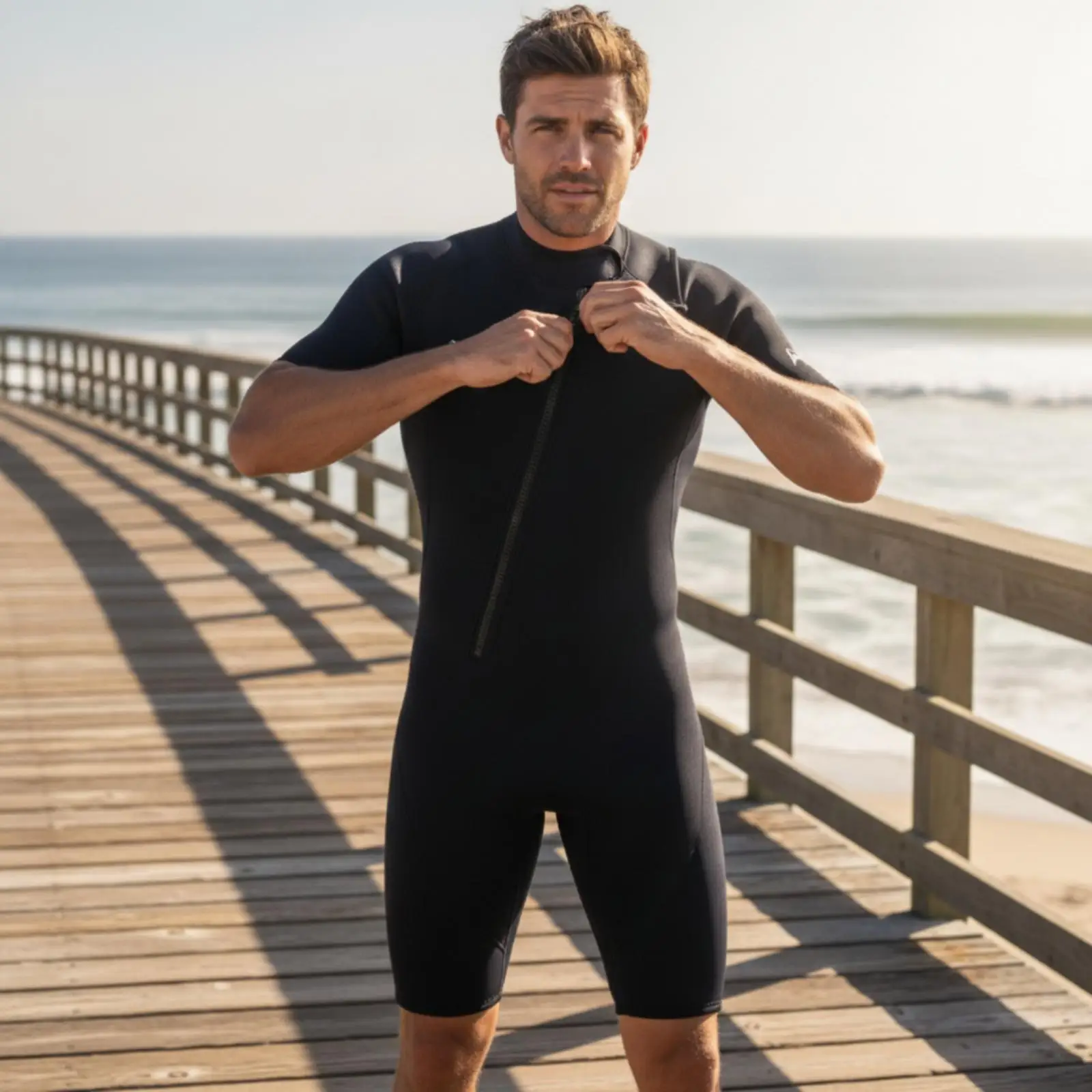 Neoprene Men Wetsuit Short Sleeve Short Leg Diving Suit for Swimming Snorkeling Surfing with Full Zipper and Thermal Insulation