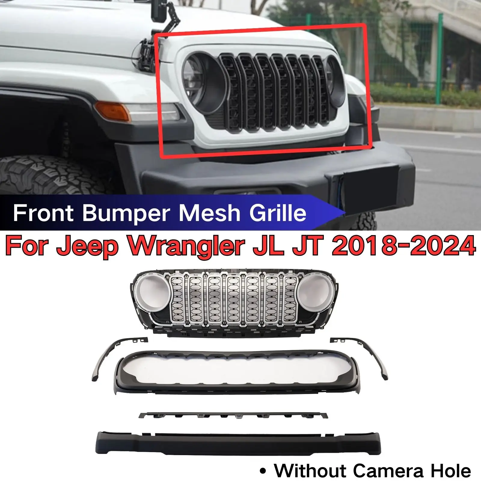 Front Bumper Mesh Grille Without Camera Hole For Jeep Wrangler JL JT 2018 2019 2020-2024 Cars Accessories Silver Matte Black