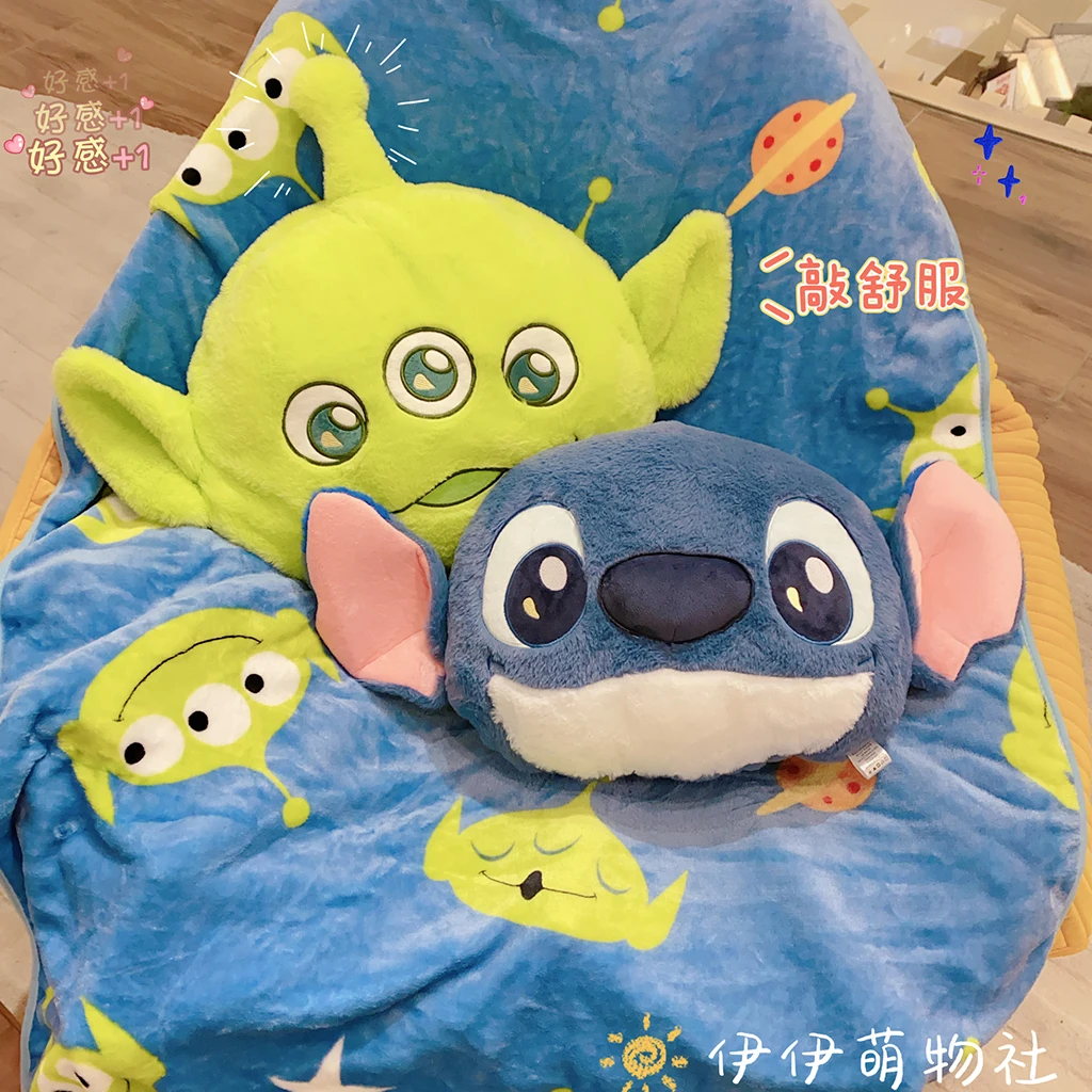 ディズニーステッチエイリアンぬいぐるみ枕ブランケット、かわいい柔らかいぬいぐるみ枕、ポータブルトラベルブランケット、女の子へのギフト