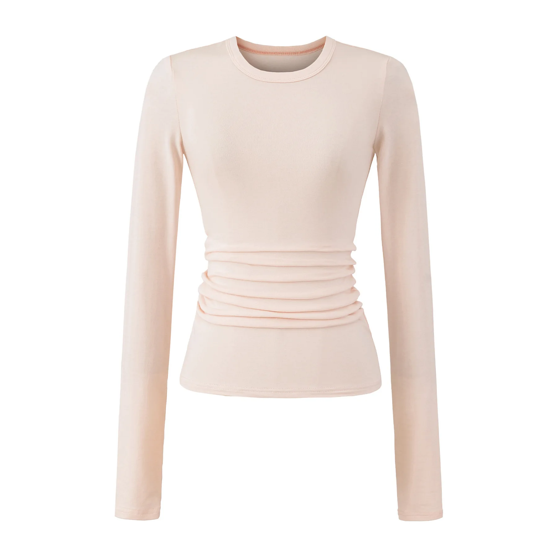 2025 automne hiver Style doux petit col rond Style couleur unie à manches longues taille haute élastique Base serrée T-Shirt haut 06NC