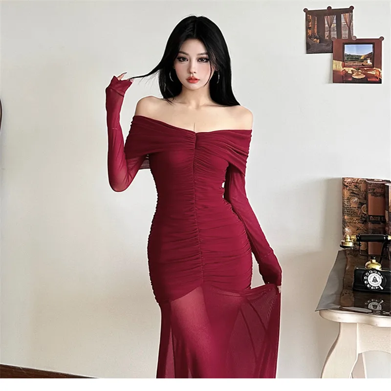 Women Long Sleeve Off Shoulder Red Black Long Dress New Sexy Slash Neck Mesh Patchwork Dress Strapless Sheer Pencil Party Dress