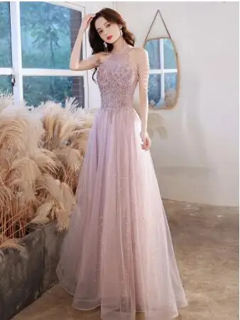 Elegante vestido de celebridad rosa con lentejuelas y cuentas, Halter con manga de borla, línea A, exquisito hasta el suelo, vestidos de noche de graduación, nuevo, 2022