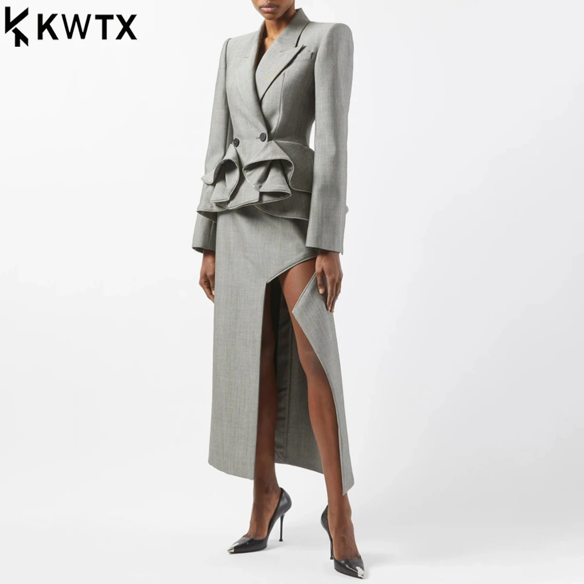 

KWTX Women’s 2025 Fall Double Breasted Blazer Jacket Vintage Asymmetrical Ruffles Shoulder Pads Elegant Autumn Coat Office