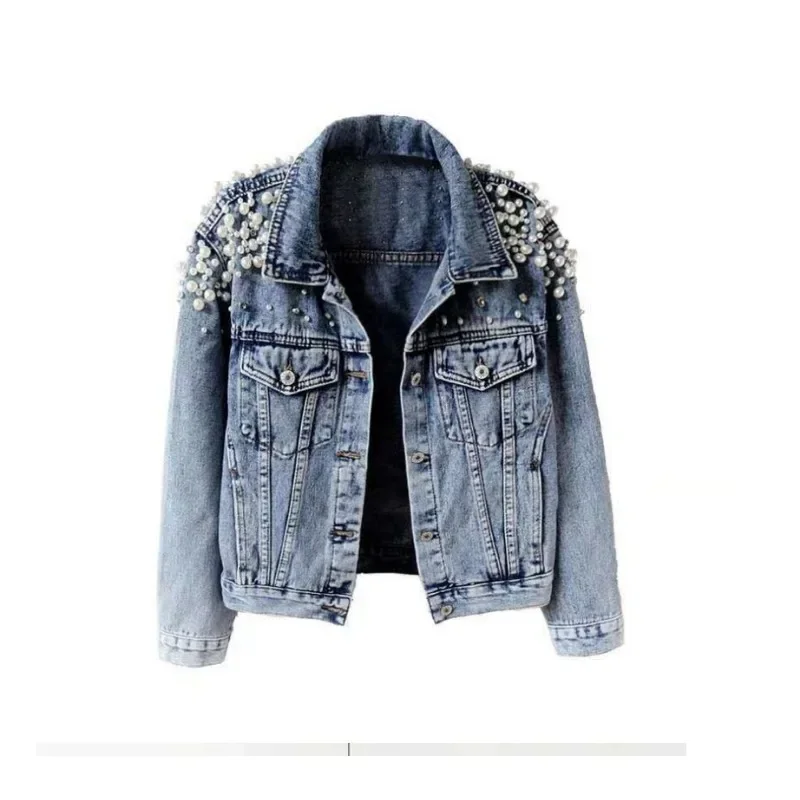 Spring and Summer Heavy Beaded Denim Jacket Women\'s Short Long Sleeve Fashion Jacket Large Pearl Denim Jacket Coat for Women