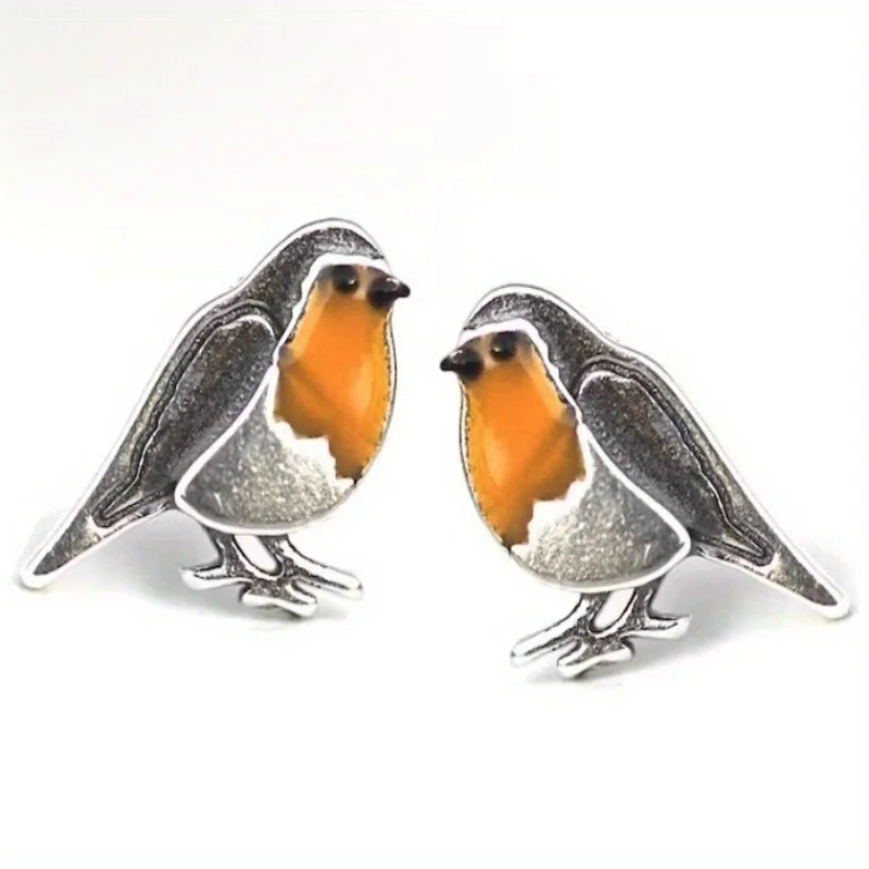 Red Robin Bird Stud Earrings. Small Robin Birds With Orange Enamel. Unique Nature Inspired Bird Earrings For Her.