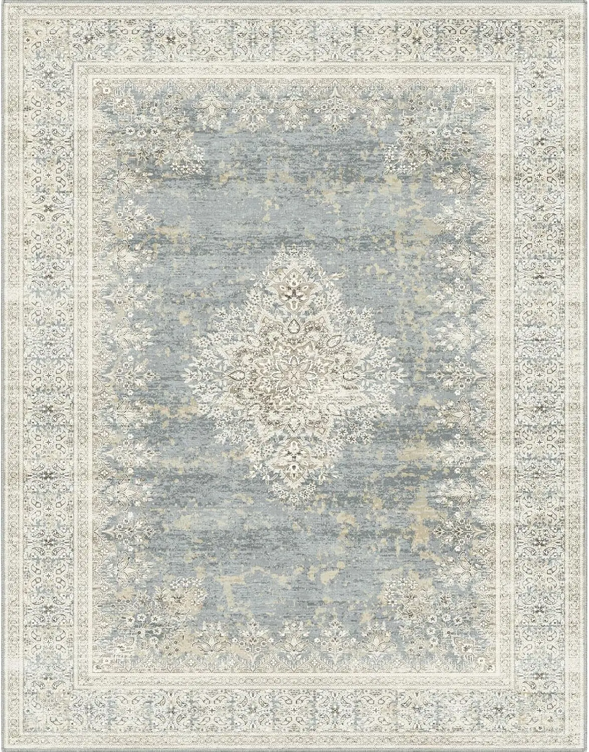 Floor Cover Thin Rug Retro Indoor Distressed Non Slip Carpet Floral Print Mat Living Room Bedroom (Grey/Light Camel, 7X9)