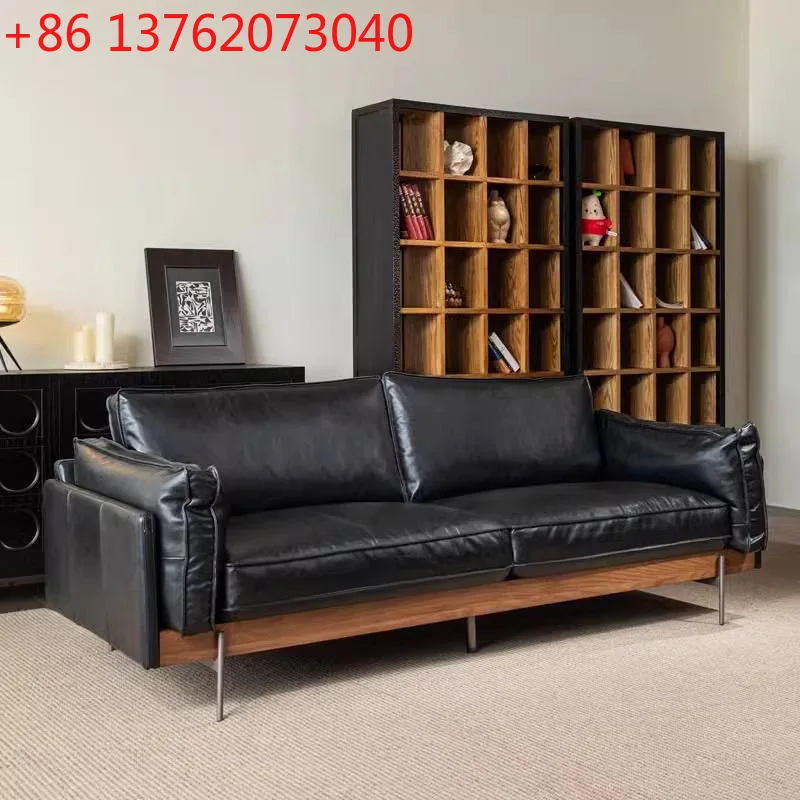 

Leather retro medieval solid wood French senior living room straight sofa