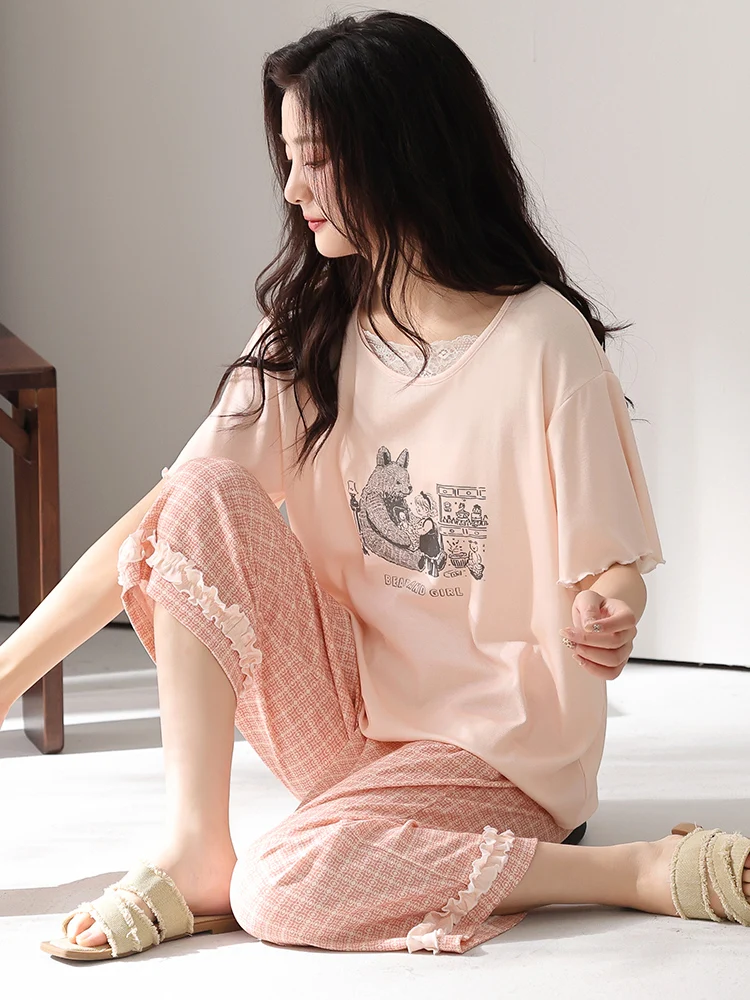 sweet-style-women's-sleepwear-summer-modal-cotton-short-sleeve-seven-piece-pants-plus-size-outdoor-wearable-home-clothes-set