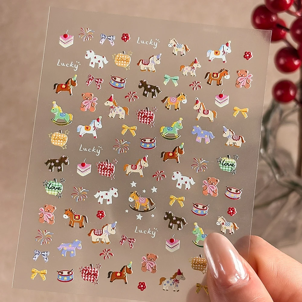 

1 шт. Красочные наклейки для ногтей с пони и лошадьми, 5D объемные стикеры с дизайном лошади/банта/медведя, самоклеящиеся новогодние маникюрные слайдеры