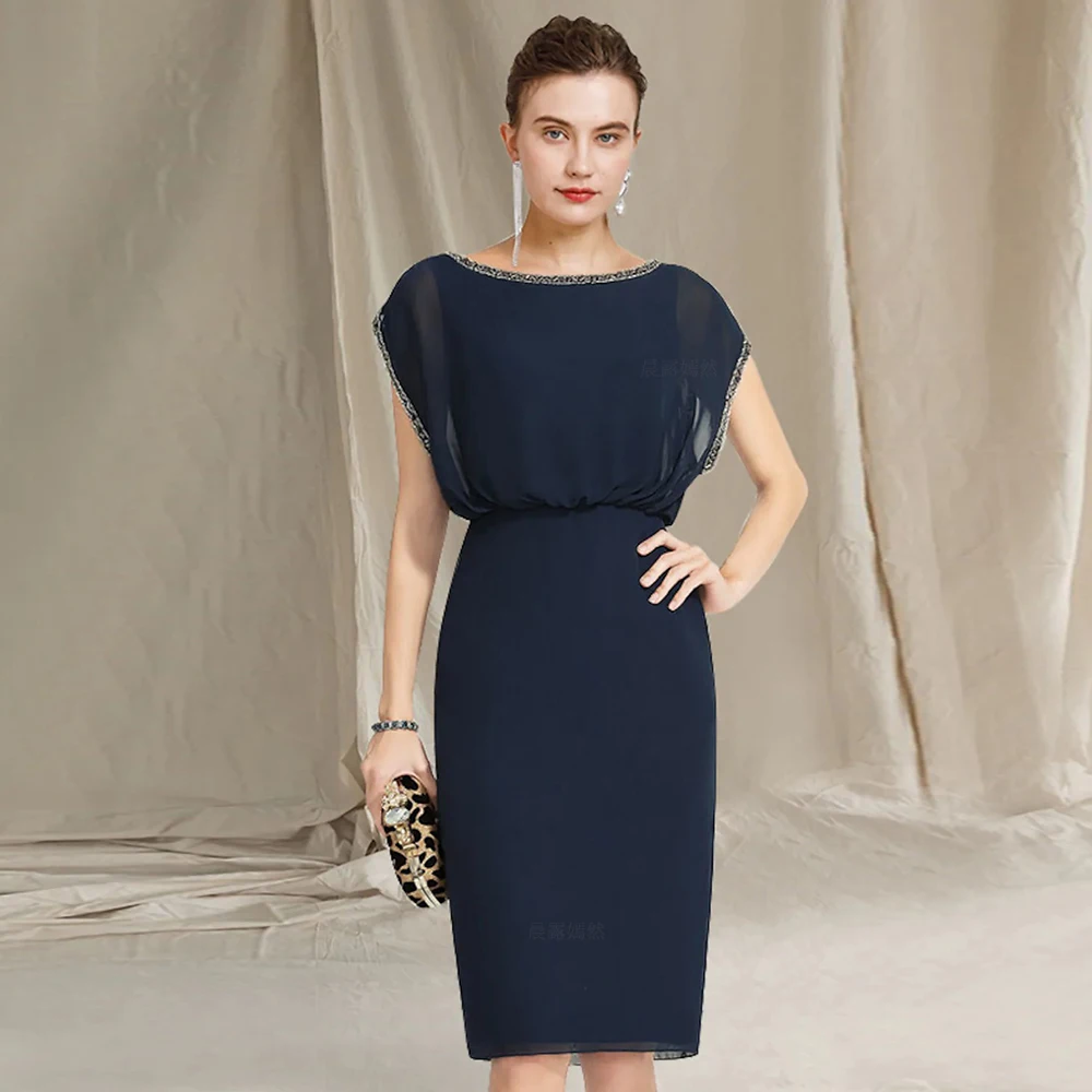 

Chiffon Mother of the Bride Dresses 2025 O-Neck Sheath Wedding Guest Gown Bead Knee-Length Elegant Dress Women For Wedding Party