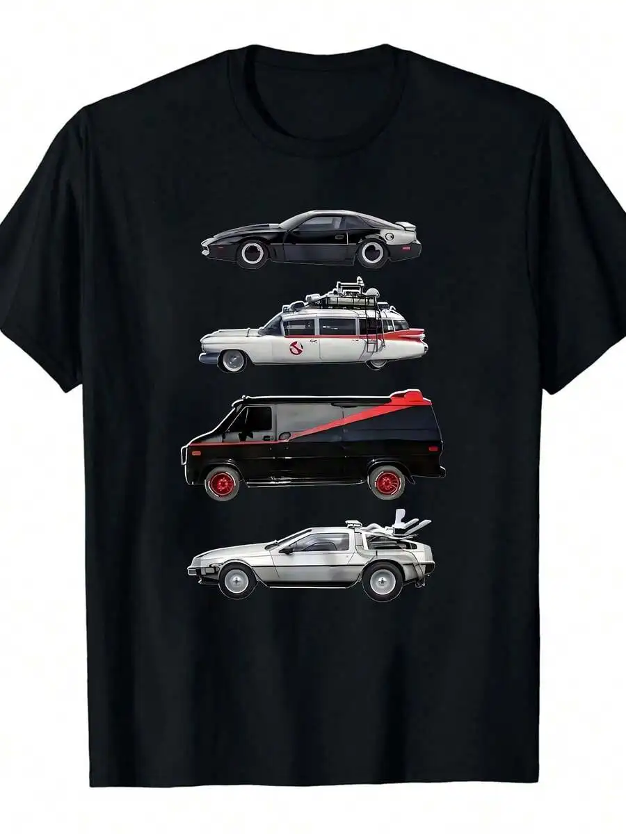 1pc Men'S Classic Film Cars Print T-Shirt, 100% Cotton Crew Neck Casual Tee, All-Season Loose Fit With Slight Stretch, Knight Rider A-Team Back To The Future Delorean Ghostbusters Graphic