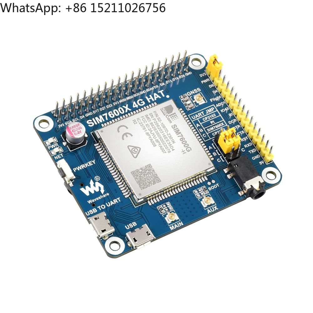 SIM7600G-H 4G HAT for Raspberry Pi, LTE Cat-4 4G / 3G / 2G Support, GNSS Positioning, Global Band SIM7600G SIM7600