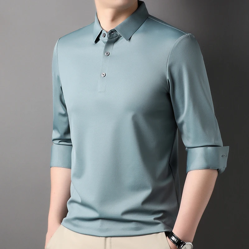 

Busin Sle Long Sve irt for Men Ice Silk Button Cuff T-irt Spring Autumn Leading Body Tee Faionable Trendy ...