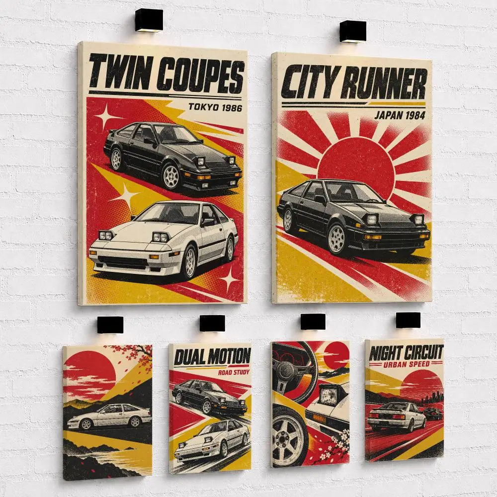 Retro Twin Coupes Painting Calligraphy Framed Canvas Wall Art Print | Modern Poster | Home Hallway Decor