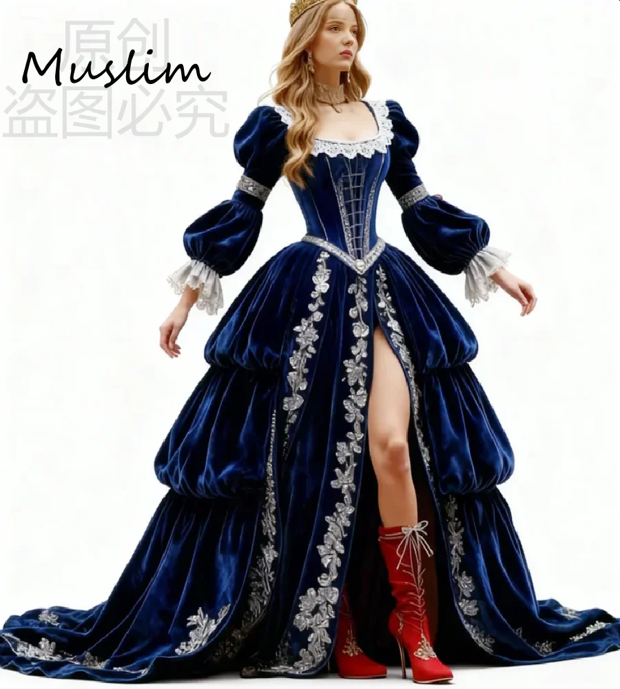 Vintage rode Victoriaanse avondjurk lange mouw kant Renaissance galajurk 2026 hoge split middeleeuwse tijdloze ceremonie formeel