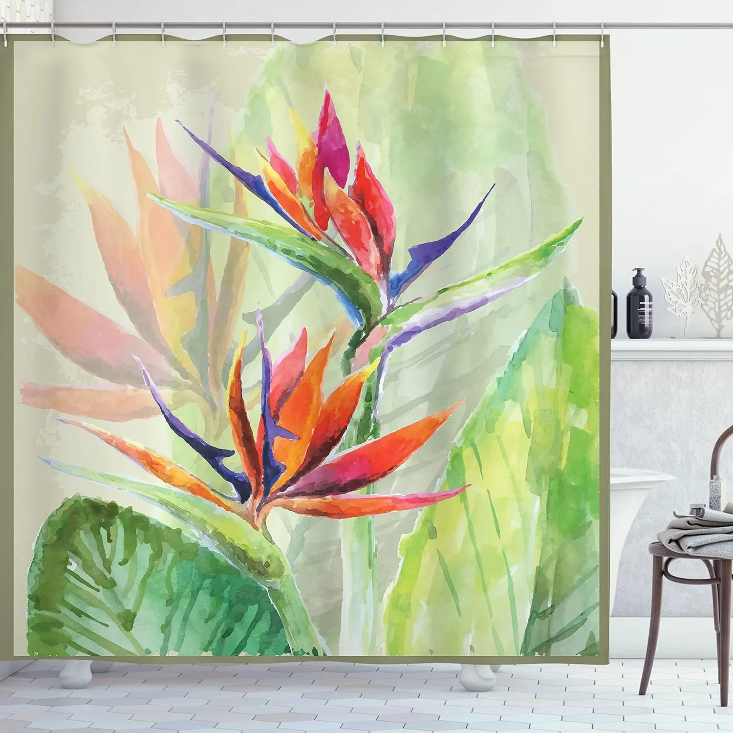 

Tropical Bird of Paradise Shower Curtain Watercolor Floral Decor Linen180x180