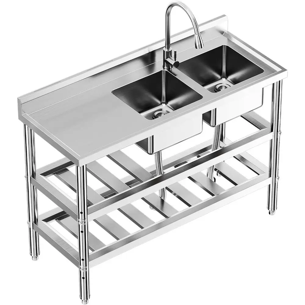 

47"x18"x32" StainlSteel Utility Sink, reestanding Double Bowl with Pull-Out aucet & Hot/Cold Water Pipe, NS Certiied Commercial