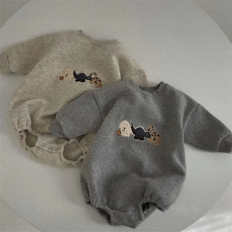 ZOETOPKID Spring and Autumn Baby Clothes New Baby and Toddler Looped Cotton Long Sleeved Cartoon Rompers Cute Dinosaur Jumpsuit