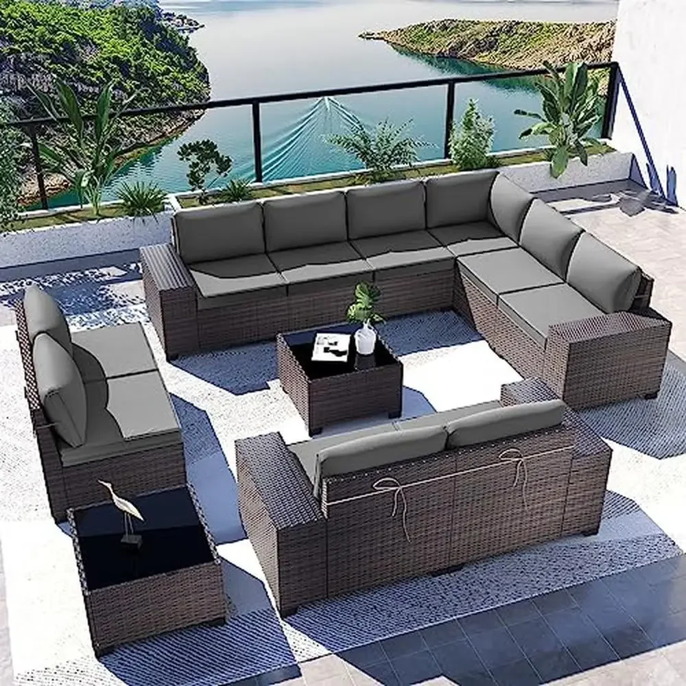 Outdoor Patio Furniture Set 12PCS PE Wicker Rattan Sofa Conversation Sets Grey High Backrest Flexible Cushion Easy Assembly