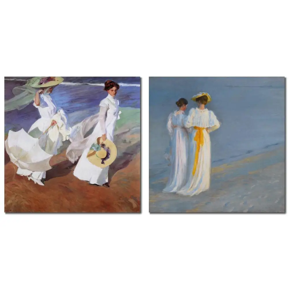 

Hand Painted Beach Painting Joaquin Sorolla Canvas Art Strolling along the Seashore Beautiful Woman Artwork Hallway Home Decor